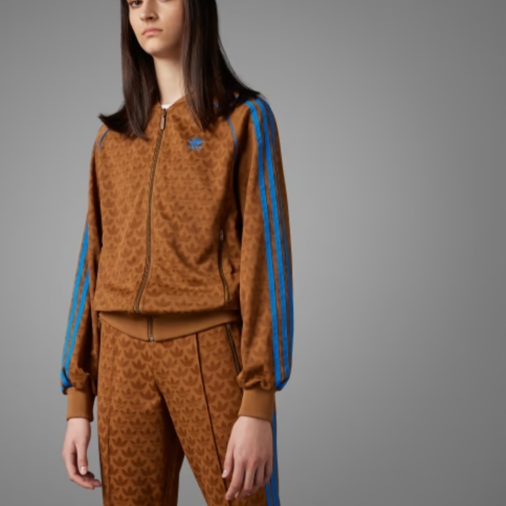 Adidas Women's Brown Joggers with Blue Stripes Track Suit